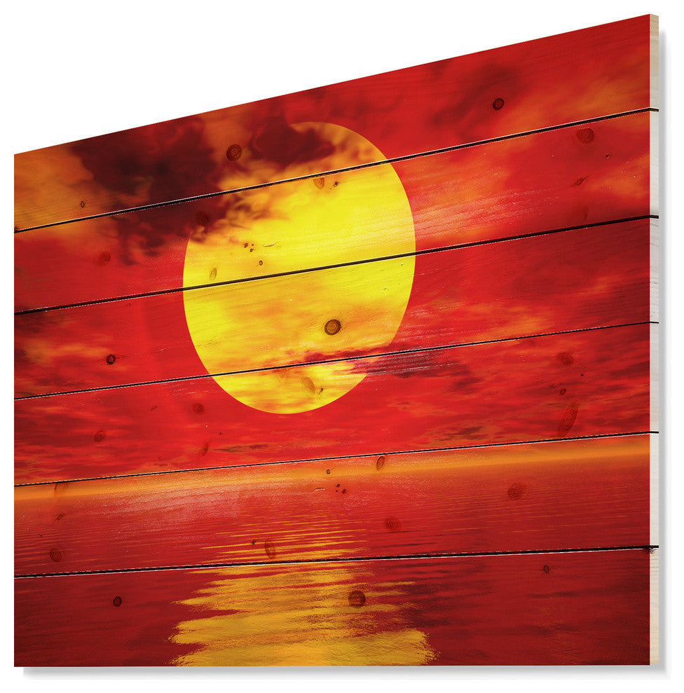 Designart Golden Sun Sinking Red Waters Seashore Wood Wall Art 46x36