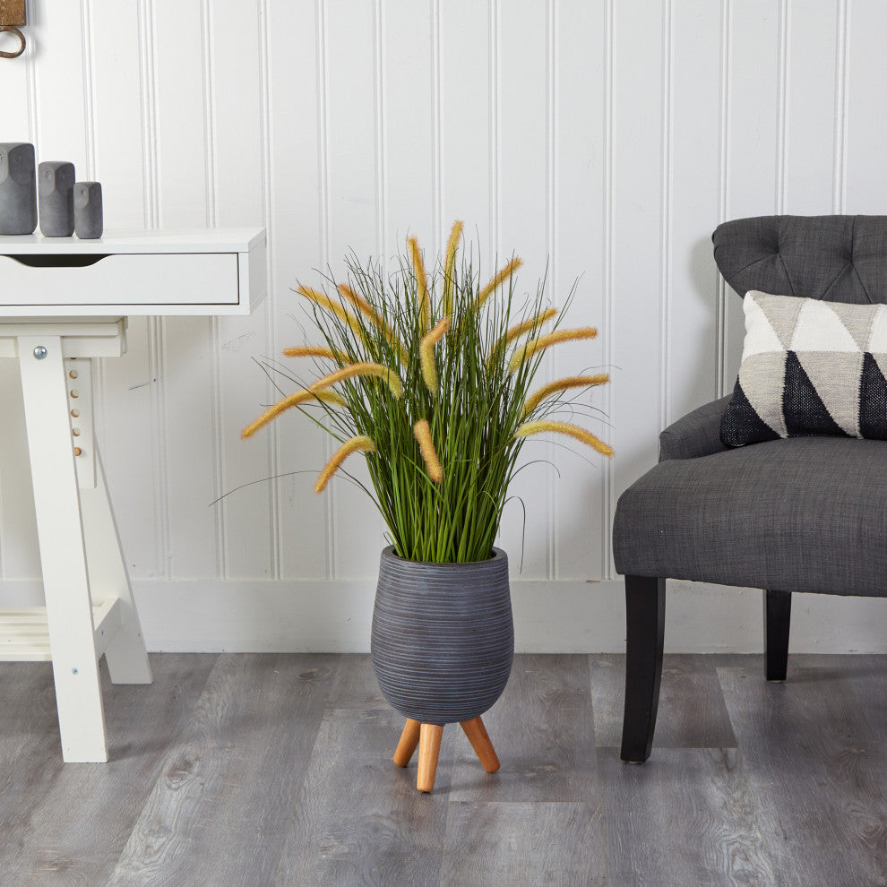 3' Onion Grass Artificial Plant, Gray Planter With Stand