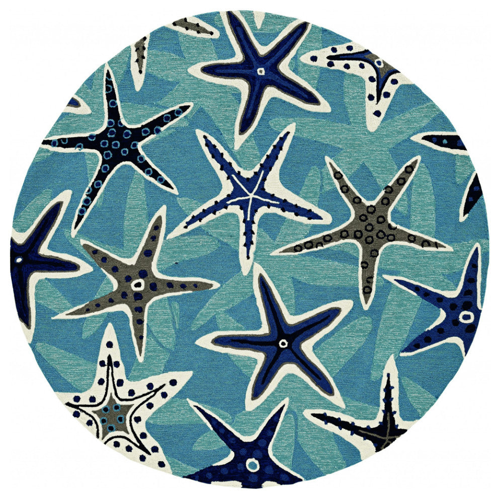8' Blue Hand Woven Uv Treated Coastal Starfish Round Indoor Outdoor Area Rug