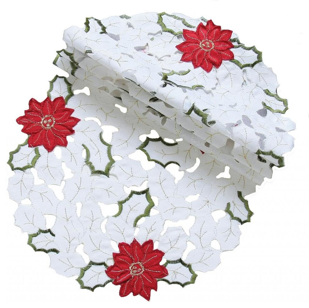 Holiday Poinsettia Embroidered Cutwork Doily, 16x16, Set of 4
