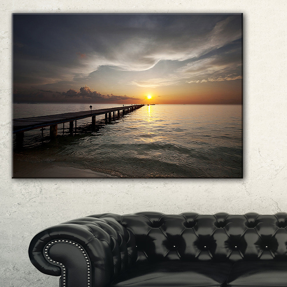 "Long Boardwalk Into The Sunset Sea" Sea Bridge Canvas Art Print, 32"x16"
