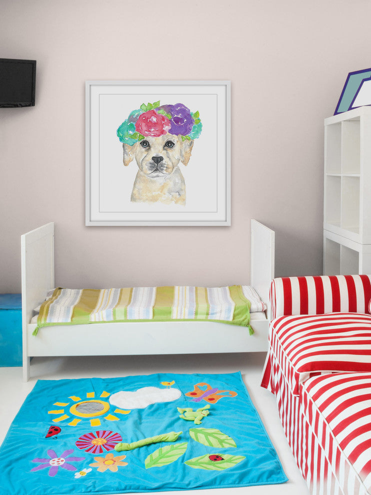 Marmont Hill, "Dog with Flower Crown" by Thimble Sparrow Framed Painting, 24x24