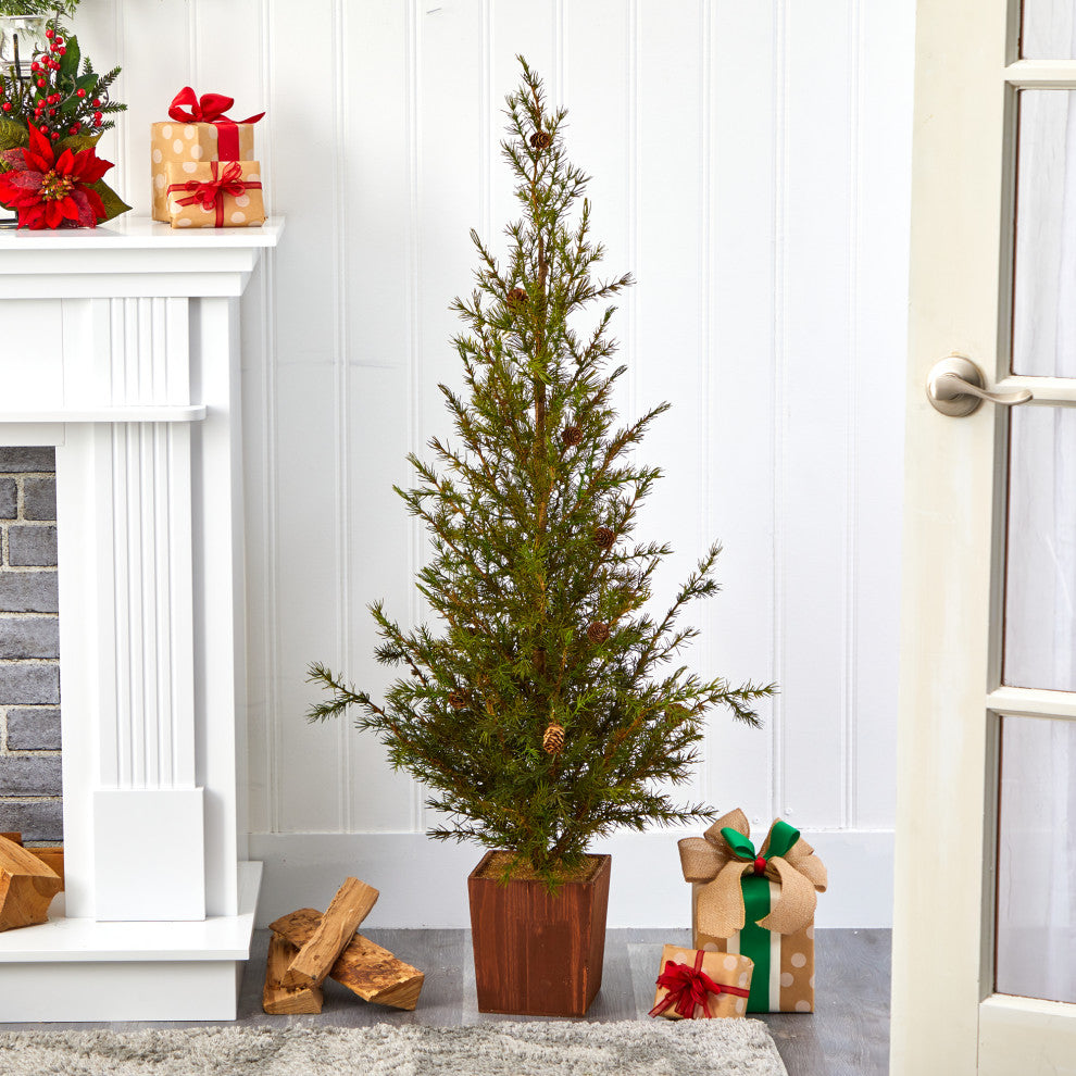 4' Alpine Natural Look Artificial Christmas Tree, Wood Planter With Pine Cones