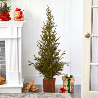 4' Alpine Natural Look Artificial Christmas Tree, Wood Planter With Pine Cones