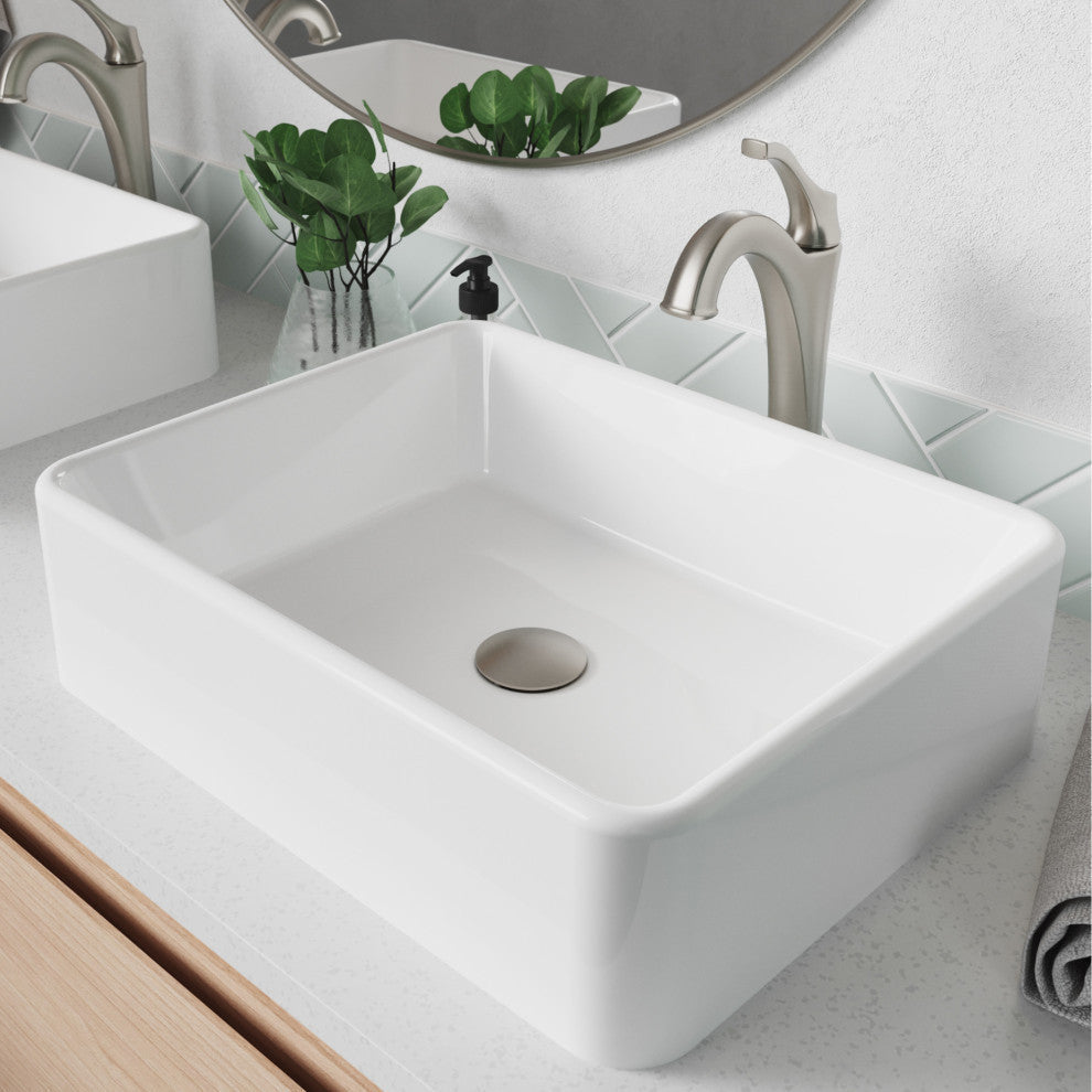 Elavo Rectangle Ceramic Vessel Sink, Bathroom Arlo Faucet, Drain, SFS Stainless