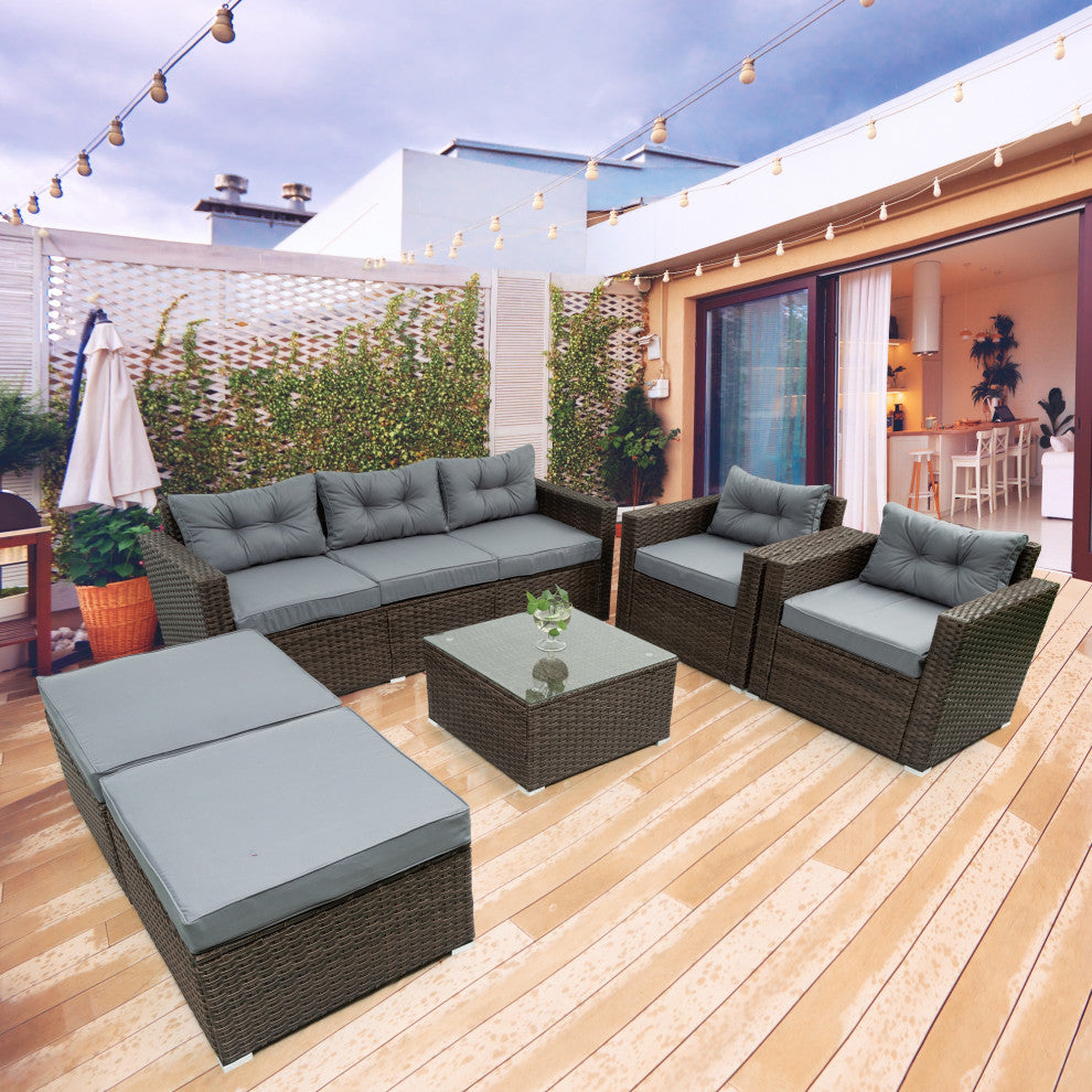 6-Pieces Wide Outdoor Rattan Reversible Patio Sectional With Cushions