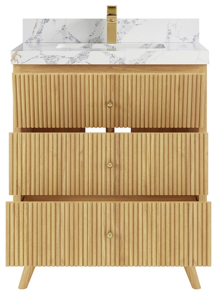 Pasadena 30" Single Sink Bath Vanity, Light Natural Teak 2" Calacatta Poanazzo