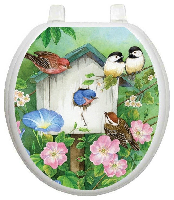 Blooming Birdhouse Toilet Tattoos Seat Cover, Vinyl Lid Decal, Bathroom Accent, Round