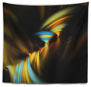 Fractal 3D Layers Yellow Blue Contemporary Wall Tapestry, 92"x78"