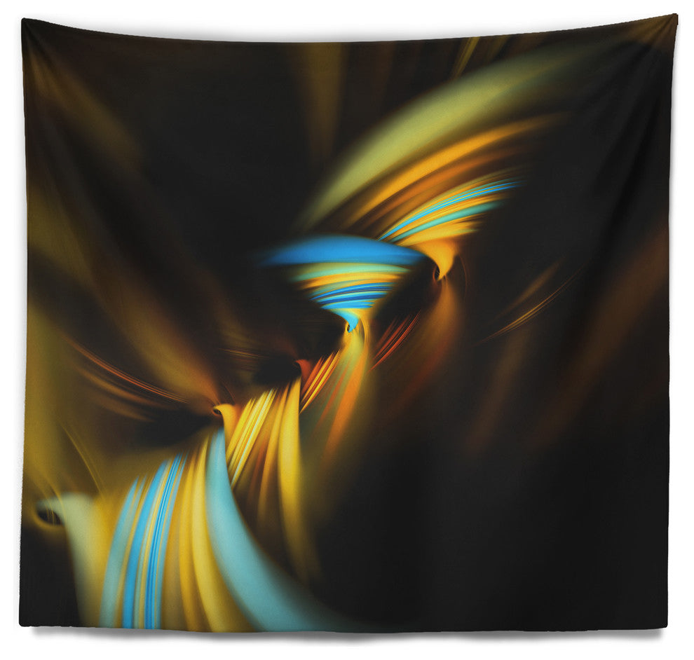 Fractal 3D Layers Yellow Blue Contemporary Wall Tapestry, 92"x78"