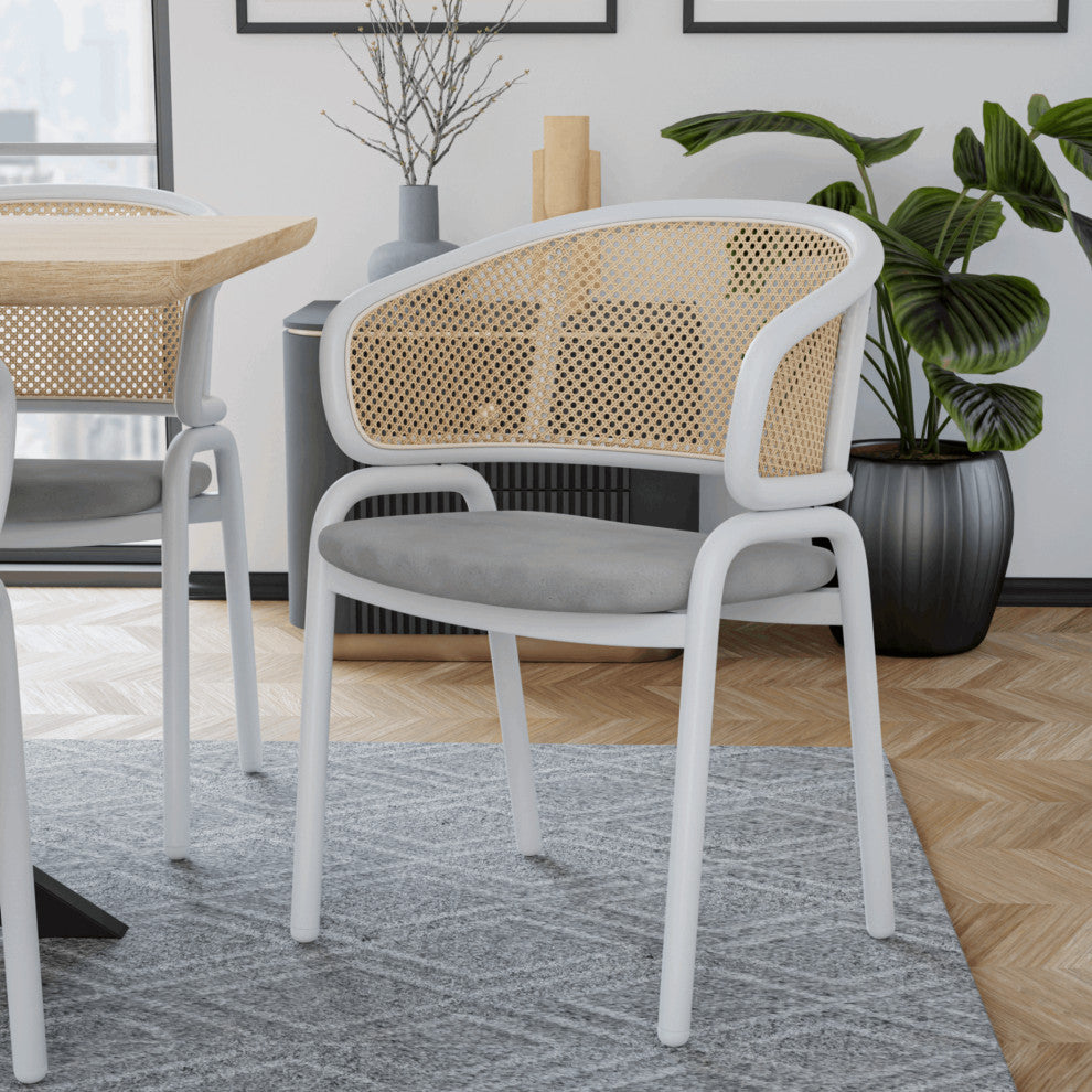 LeisureMod Ervilla Dining Armchair With White Steel Base, Gray