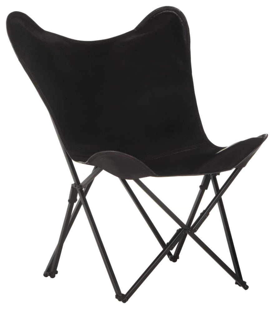 vidaXL Chair Accent Foldable Butterfly Chair for Living Room Black Real Leather
