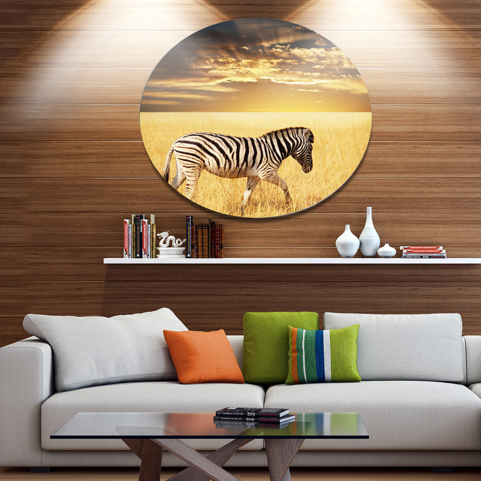 Solitary Zebra Walking In Grassland, African Round Metal Wall Art, 11"