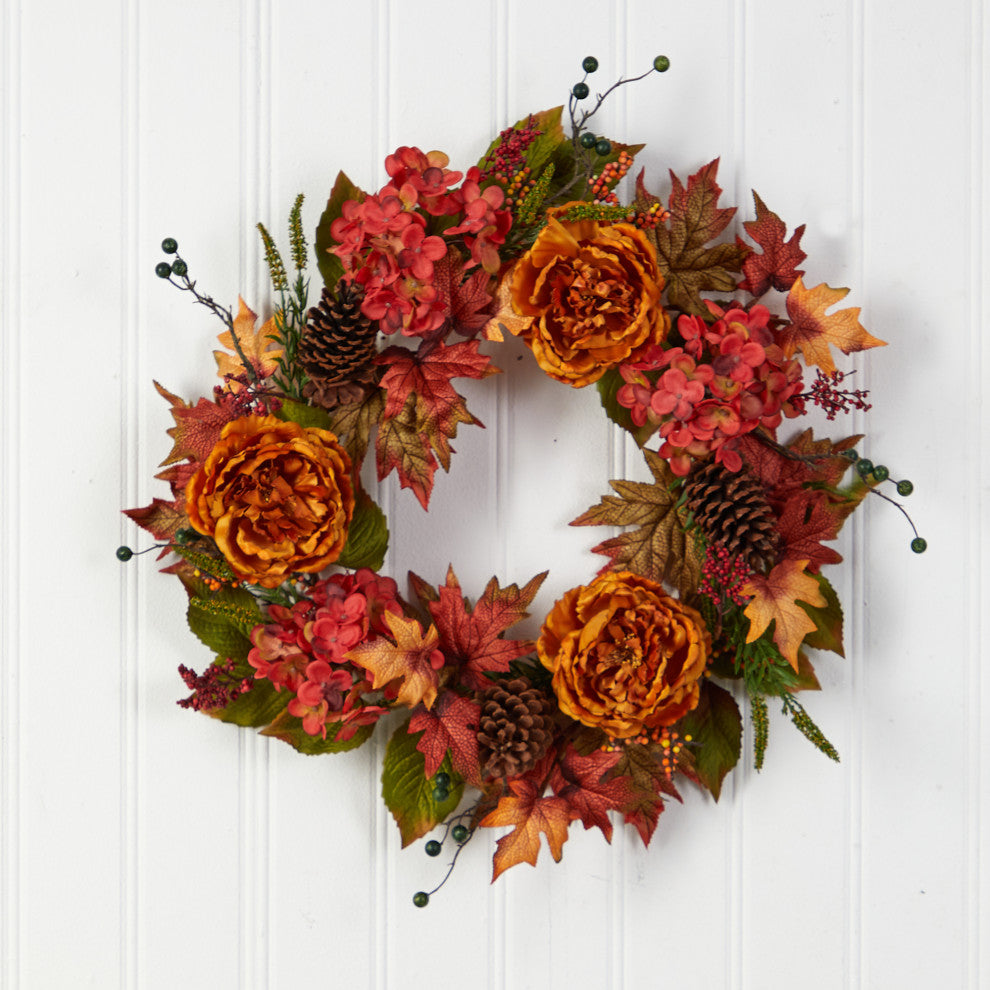 W1229 25 Fall Ranunculus, Hydrangea and Berries Autumn Artificial Wreath