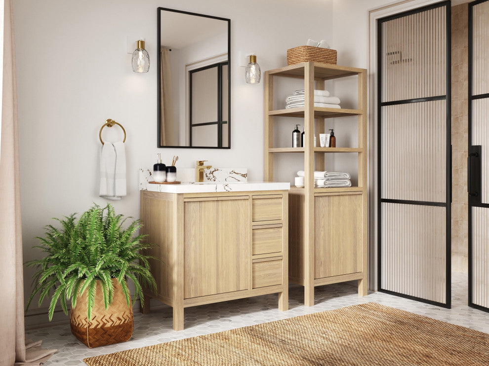 Elizabeth Oak 36" Center Sink Vanity, White 2" Venatino Quartz