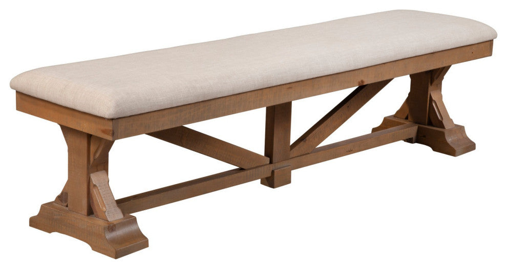 Benzara BM283851 69" Dining Accent Bench Beige Fabric Cushion, Pine Wood, Brown
