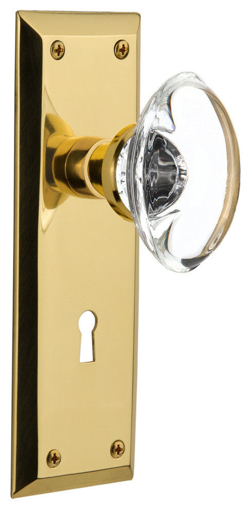 New York Plate With Oval Clear Crystal Knob, Polished Brass