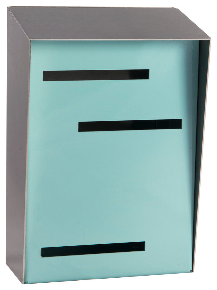 Mid Century Modern Mailbox, Two Tone Stainless, Vertical Large, Robin Egg