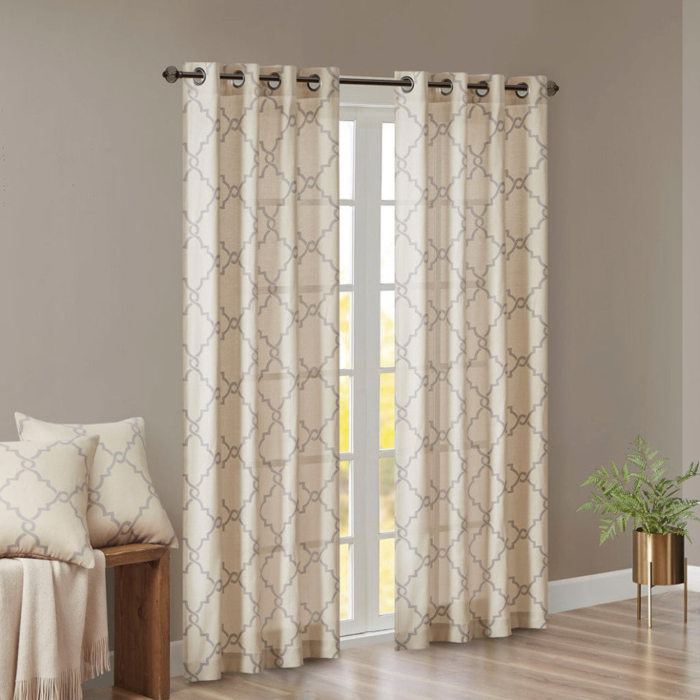 Madison Park Saratoga Fretwork Print Grommet Top Window Curtain Panel, Beige