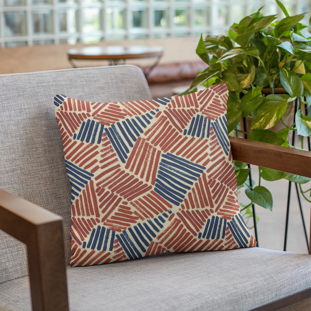 Plutus Red Blue Sketch Abstract Luxury Throw Pillow, 18"x18"