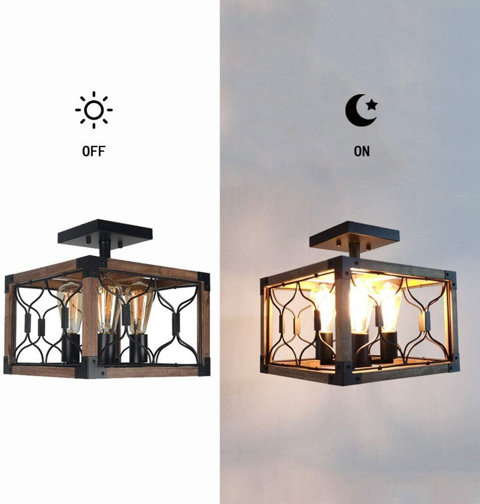4 Light Industrial Ceiling Lamp, Rust, Square, Semi Flush Mount, Cage