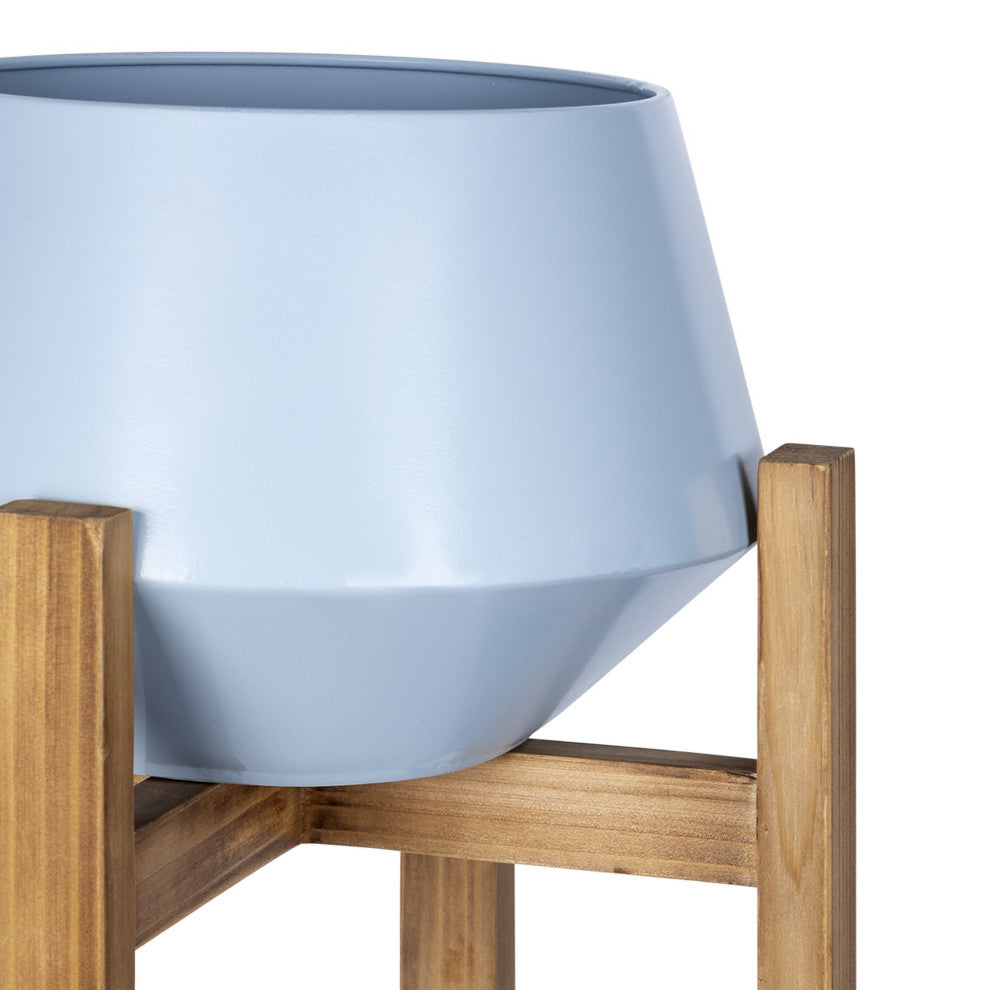 Blue Hexagonal Planter With Wooden Base