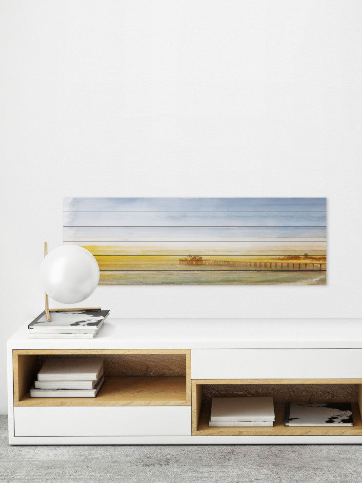 "Malibu Pier" Print on White Wood, 60"x20"