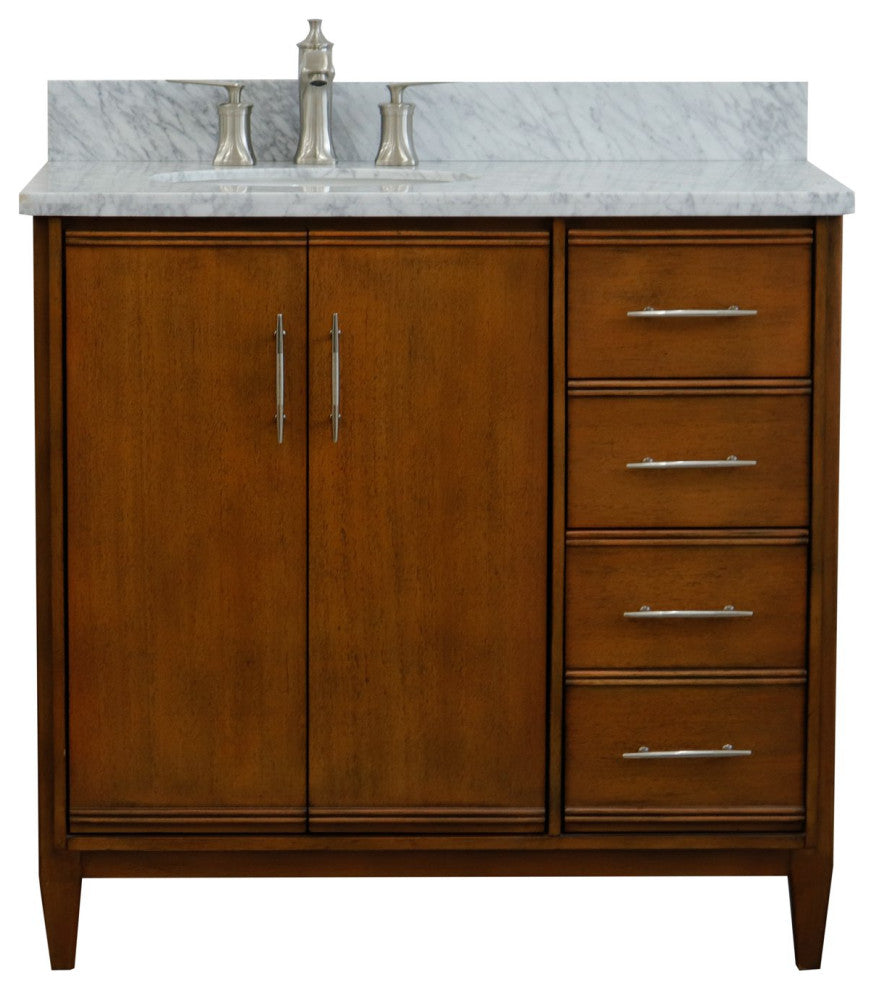37" Single Vanity, Walnut Finish With White Carrara
