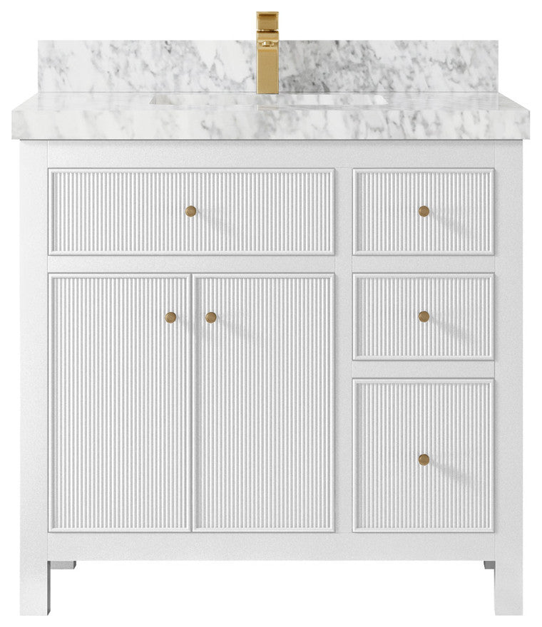 Sonoma 36 Center Sink Reeded Bath Vanity in White 2" Carrara Marble