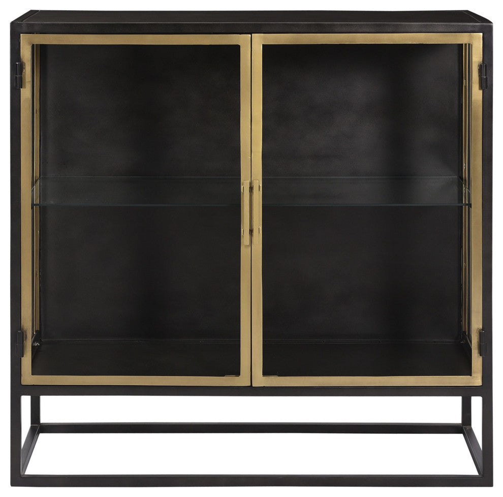 Brynlee 36" Gunmetal and Brass Finished Iron and Glass 2-Door Sideboard
