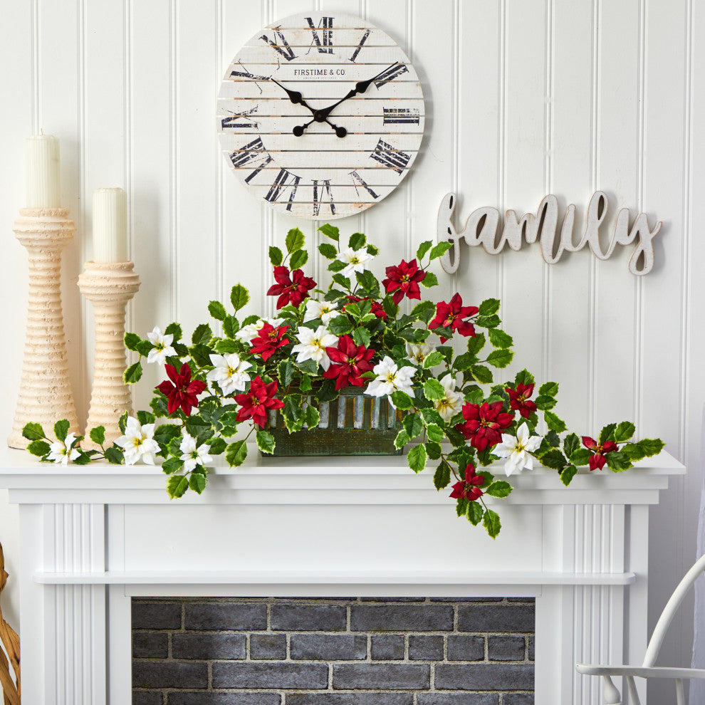 39" Poinsettia and Variegated Holly Faux Plant, Decorative Planter, Real Touch