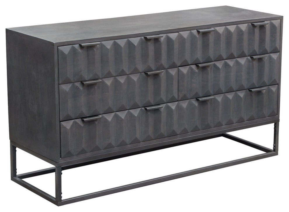 6-Drawer Solid Mango Wood Dresser in Smoke Grey Finish Gun Metal Finished Legs