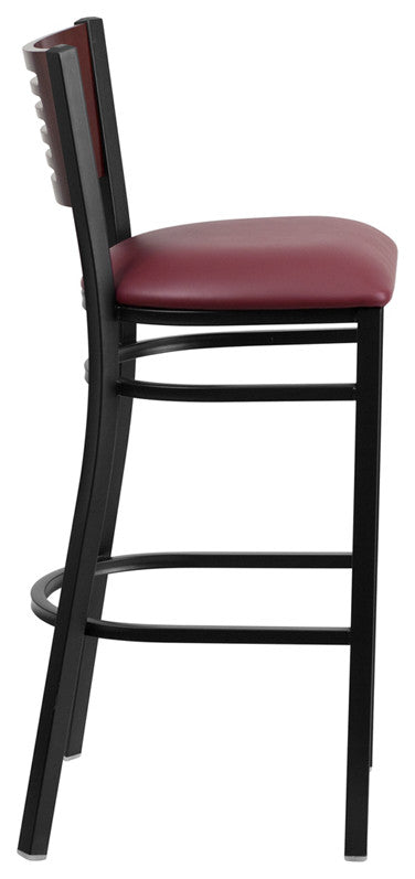 Black Slat Back Metal Barstool, Mahogany Wood Back, Burgundy Vinyl Seat