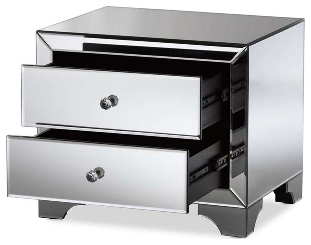 Hawthorne Collection Mirrored 2 Drawer Nightstand in Silver