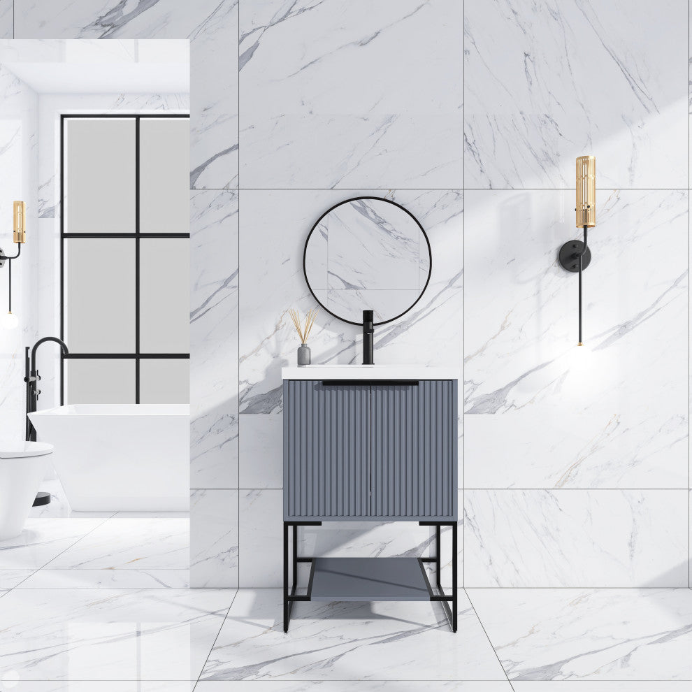 Plywood Freestanding Bathroom Vanity Set with White Ceramic Sink , Rock Grey, 24