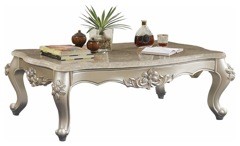 HomeRoots 35" X 57" X 20" Marble Champagne Wood Coffee Table