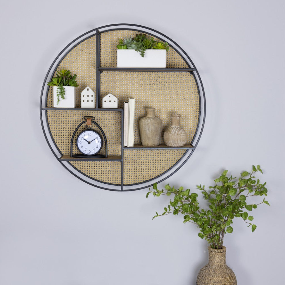 Cane Detail Metal and Wood Wall Shelves