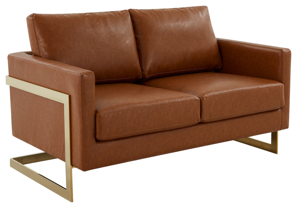 LeisureMod LA55BR-L Lincoln tan Modern Mid-Century Leather Loveseat Gold Frame