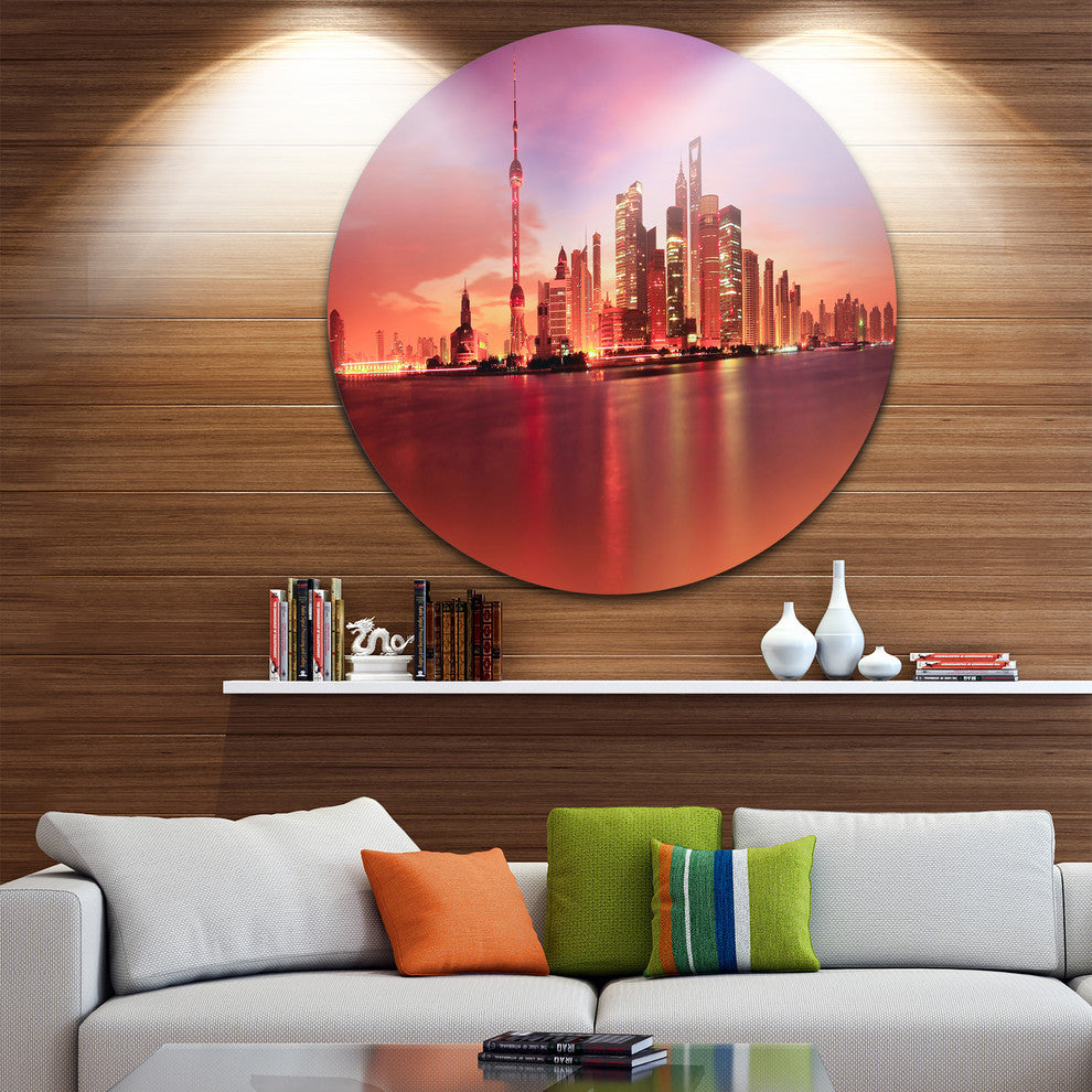 Shanghai Skyline At Dawn Panorama, Cityscape Round Wall Art, 36"