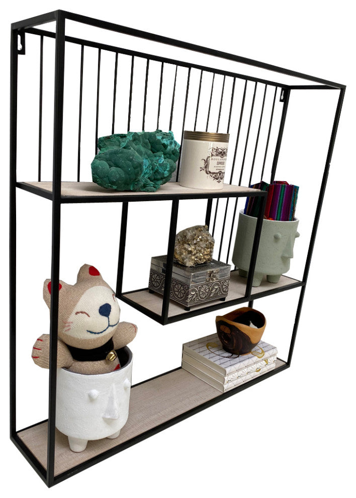 White Oak Wood Rectangular Wall-Mounted Metal Floating Shelves, Black
