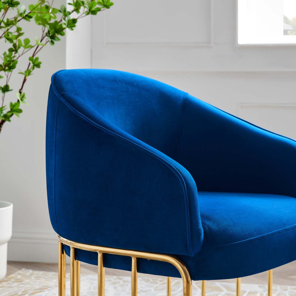 Armchair Accent Chair, Blue Navy, Velvet, Modern, Mid Century Hotel Lounge Cafe
