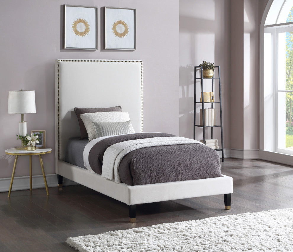 Harlie Velvet Upholstered Bed, Cream, Twin