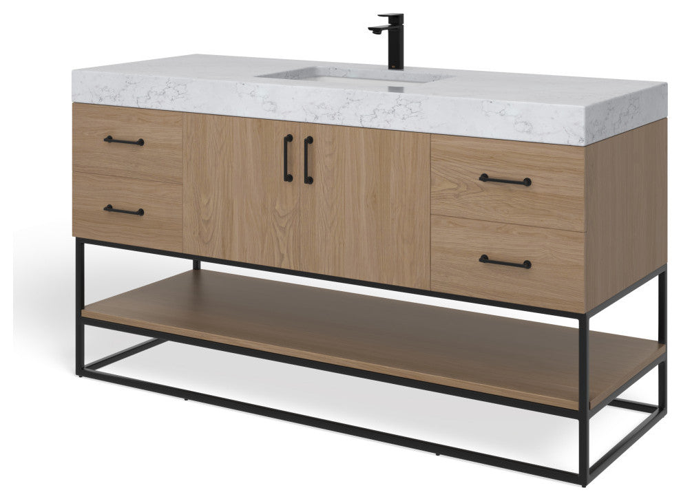 Bahia Bath Vanity, Oak, 60", Matte Black Hardware, Single, Freestanding