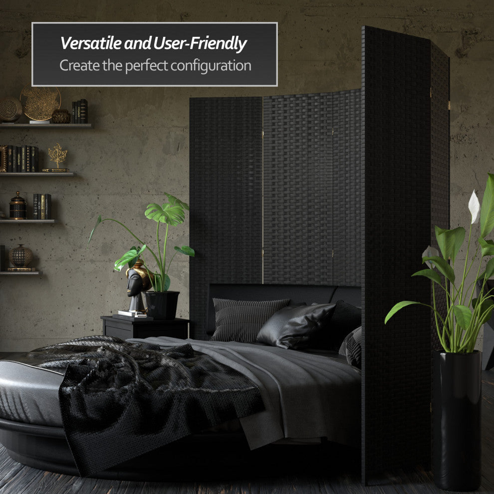 7' Tall Woven Fiber Room Divider, Black, 8 Panel