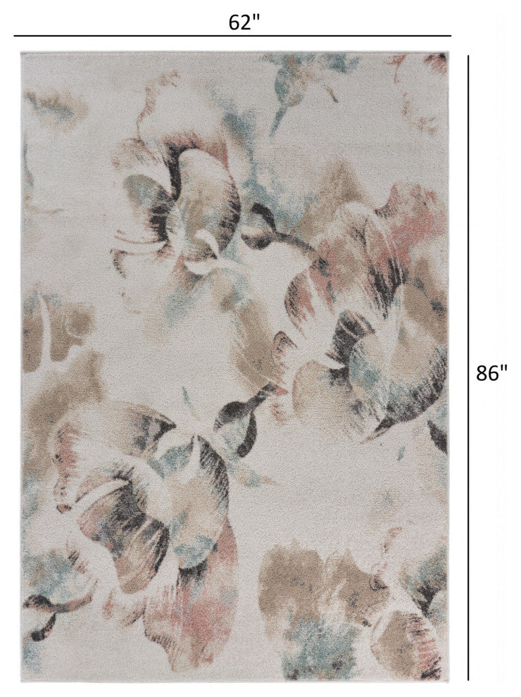 5' x 7' Ivory Soft Floral Artwork Area Rug