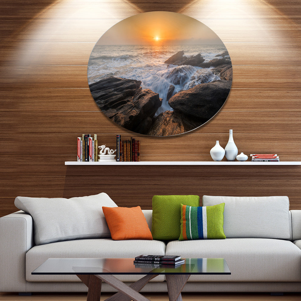 Sunset Over Rocky Seashore, Beach Round Wall Art, 23"