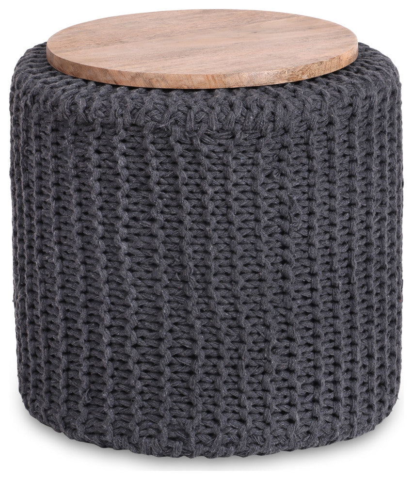 Loft Lyfe Marbella Ottoman, Hand Knitted, Wooden Tray, Cotton Yarn, Dark Gray