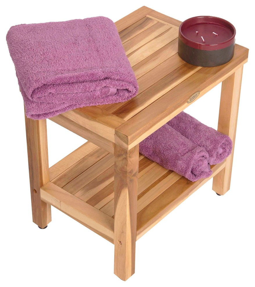 EcoDecors EarthyTeak Classic Teak Shower Bench With Shelf, 18"