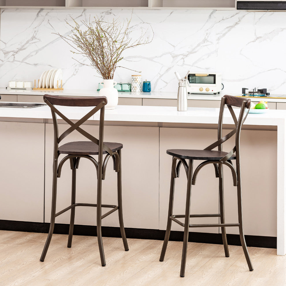 Rustic Steel Bar Stool With Solid Elm Wood Seat and Back Support, Set of 2