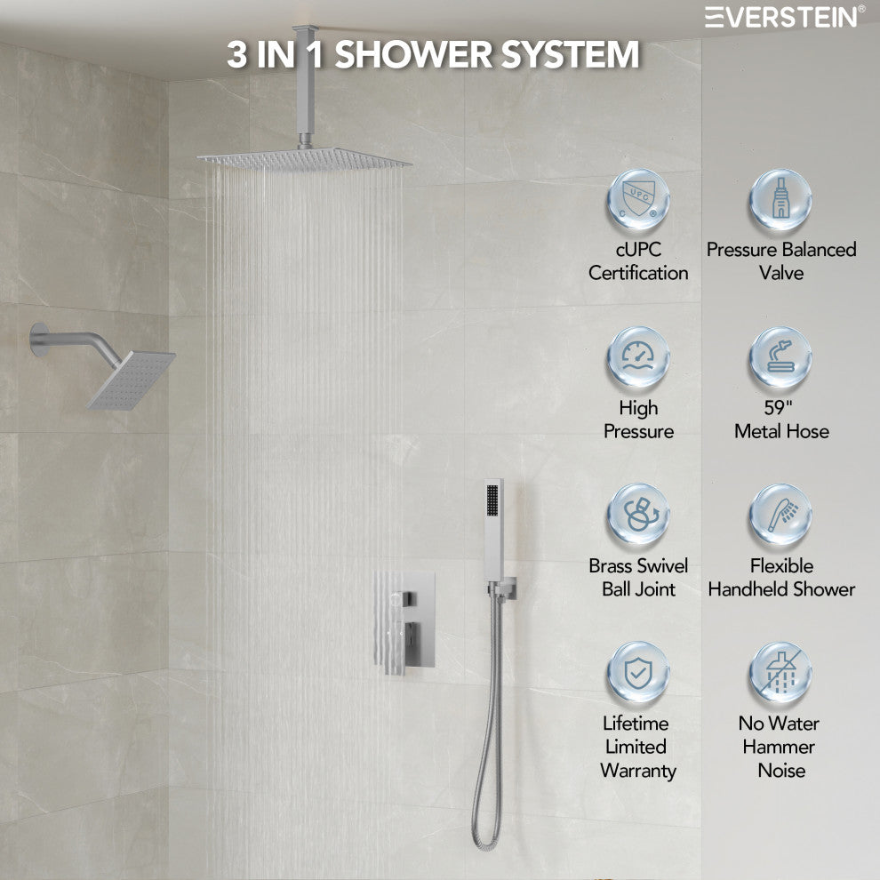 Dual Heads 3-Functions Shower System With Pressure Balancing Rough-In Valve, Brushed Nickel